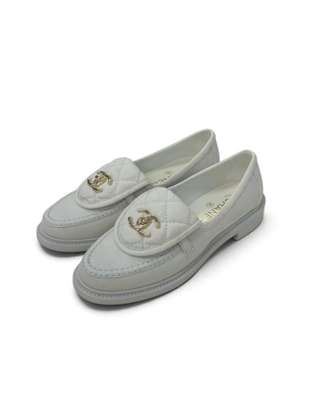 Chanel Loafers Leather Shoes Canvas Light Blue Gold CC Logo Turnlock
